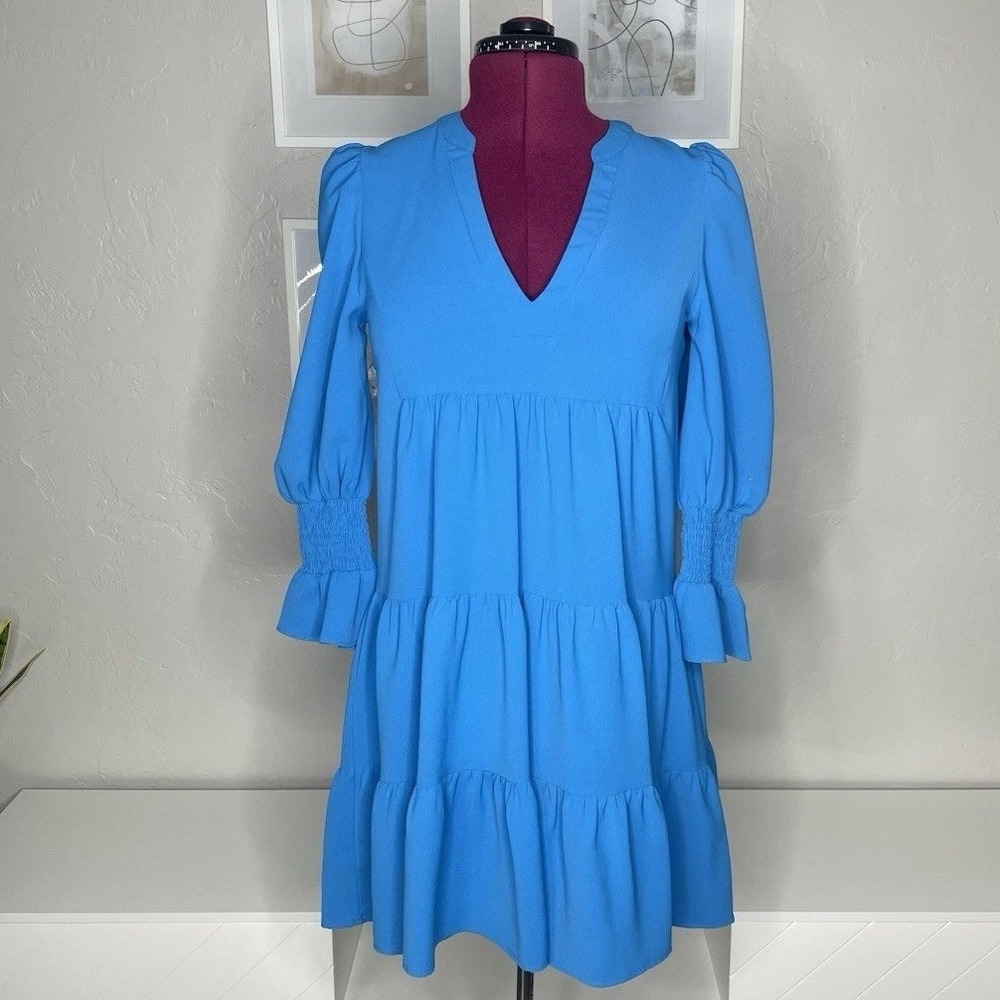 Pomander Place Tiered Mini Dress Women XS Blue Smocked Cuff V-Neck Long Sleeve